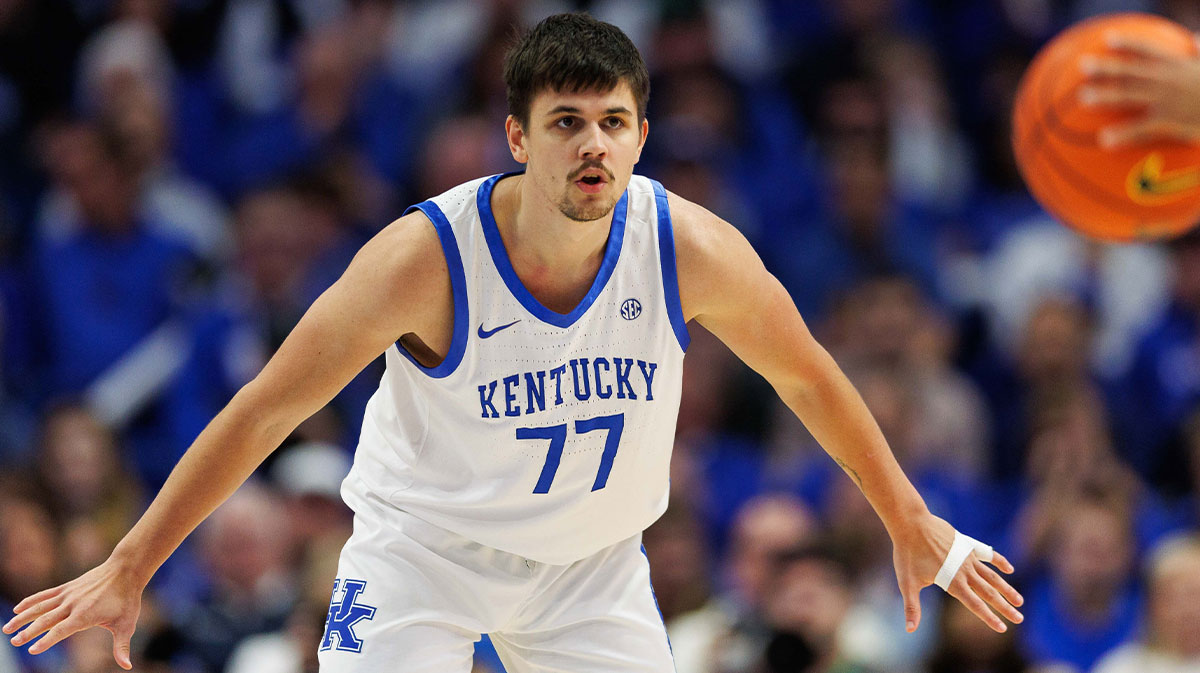 Kentucky Wildcats guard Kerr Kriisa (77) defends the basket during the second half against the Georgia State Panthers at Rupp Arena at Central Bank Center.