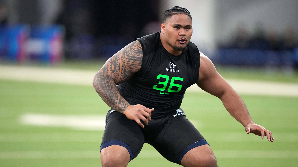 Arizona offensive lineman Jonah Savaiinaea (OL36) during the 2025 NFL Scouting Combine at Lucas Oil Stadium.
