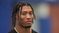 New York Giants safety Isaiah Simmons (19) talks with media during training camp at Quest Diagnostics Training Facility.