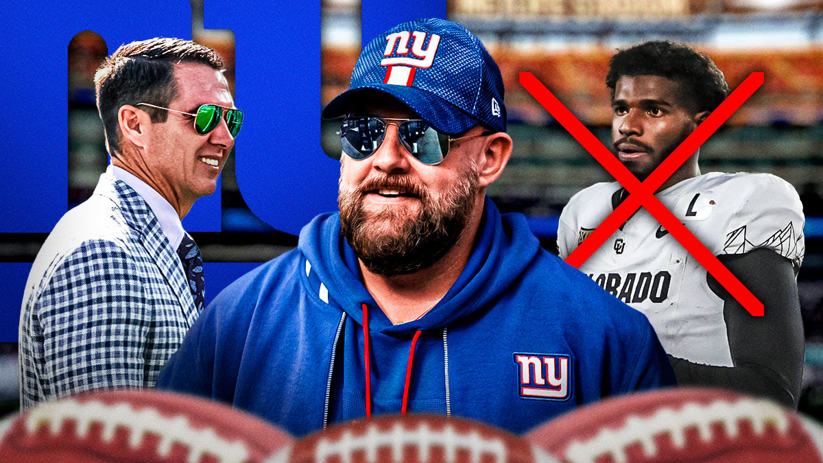 New York Giants head coach Brian Daboll with GM Joe Schoen and QB Shedeur Sanders with a big X emoji over his face. There is also a logo for the New York Giants.