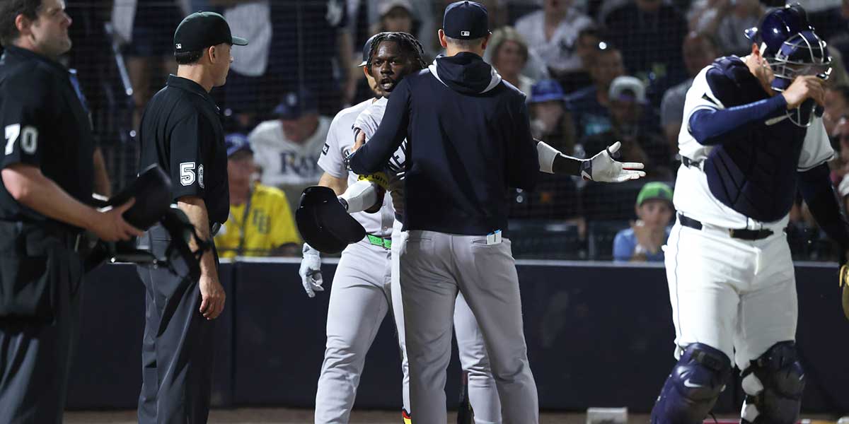 New York Yankees second base Jazz Chisholm Jr. (13) is ejected after he arguing his strike out during the seventh inning against the Tampa Bay Rays at George M. Steinbrenner Field.
