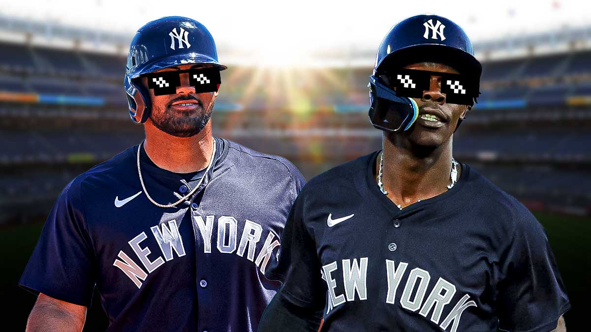Jazz Chisholm (Yankees) and Jasson Domínguez (Yankees) with deal with it shades