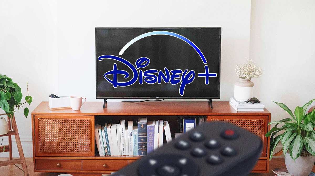 Disney+ logo on TV in living room as new titles arrive in April 2025.