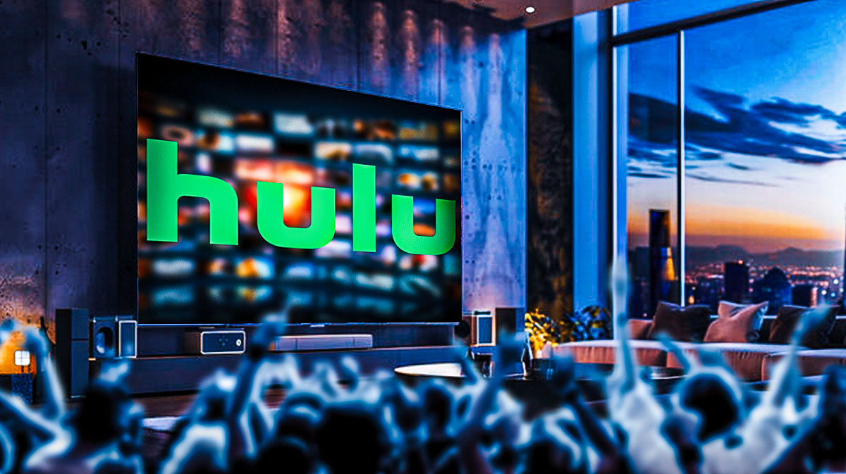 Hulu logo on a TV in a living room.