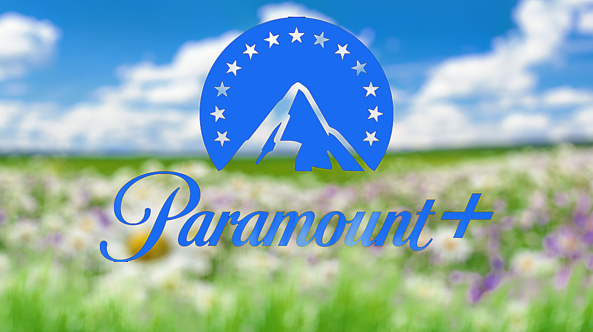 Paramount+ logo in front of springtime field to represent April 2025.