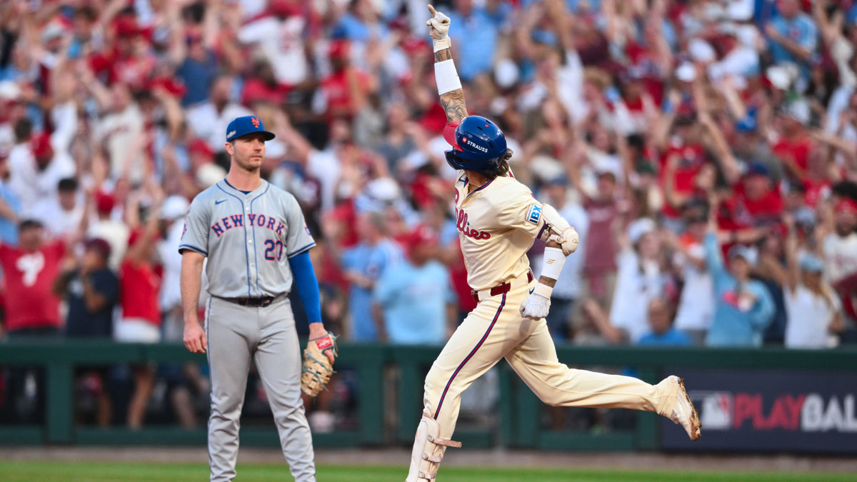 Philadelphia Phillies outfielder Nick Castellanos (8) reacts after hitting a home run against the New York Mets in the sixth inning during game two of the NLDS for the 2024 MLB Playoffs at Citizens Bank Park.