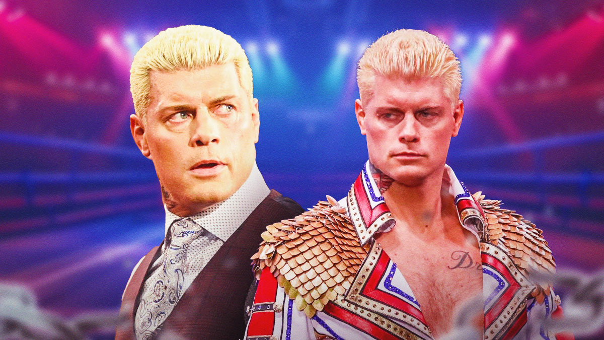 2025 WWE Cody Rhodes next to 2022 AEW Cody Rhodes in a WWE ring.