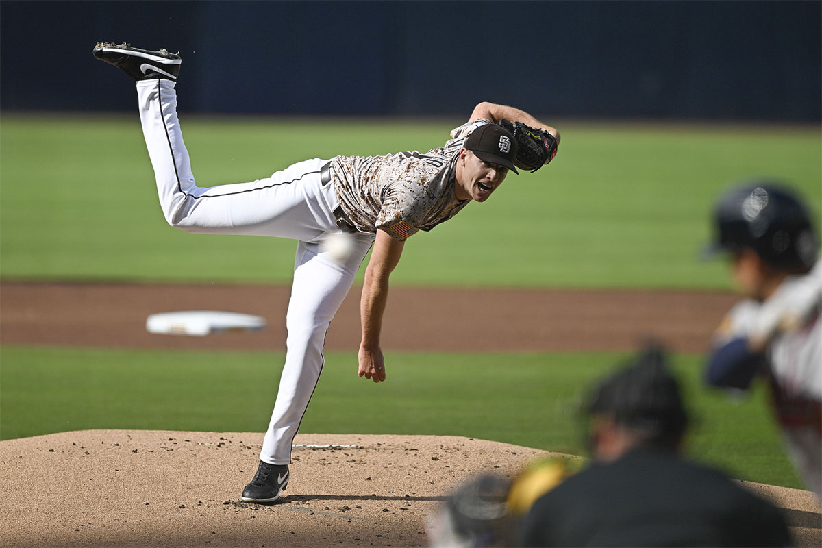 San Diego Padres starting pitcher Nick Pivetta (27) delivers against the Atlanta Braves at Petco Park.