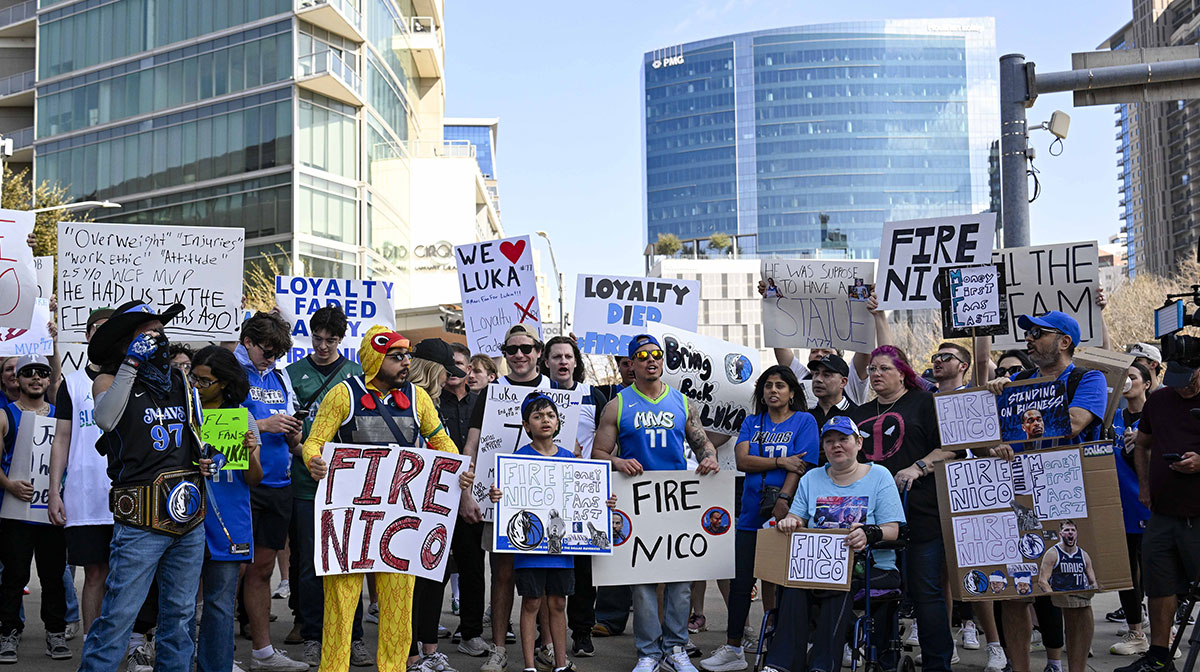 Dallas Mavericks fans gather outside the arena before the game between the Dallas and the Houston Rockets to protest the Nico Harrison trade of former Mavericks point guard Luka Doncic to the Los Angeles Lakers.