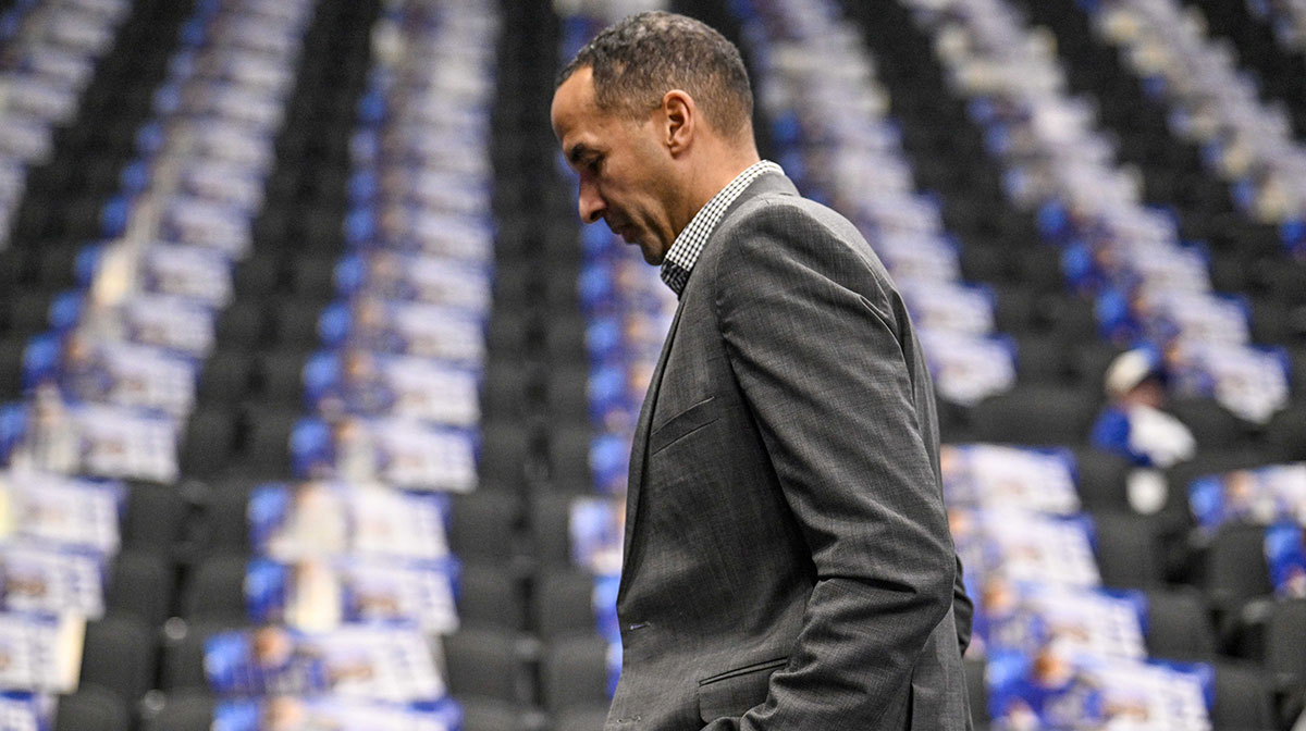 Dallas Mavericks general manager Nico Harrison walks off the court before the game between the Dallas and the Sacramento Kings at the American Airlines Center.