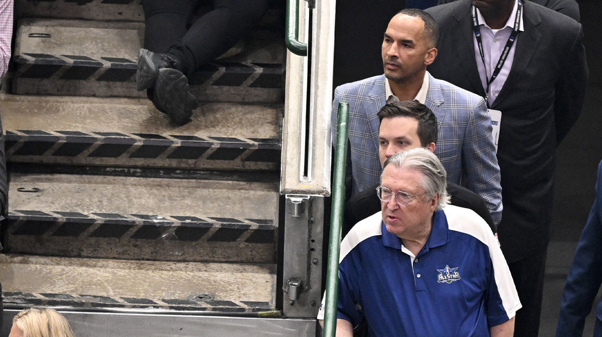 Dallas Mavericks general manager Nico Harrison (grey suit) looks on during the first quarter of the game between the Dallas Mavericks and the Los Angeles Lakers at the American Airlines Center. Mandatory Credit: Jerome Miron-Imagn Images