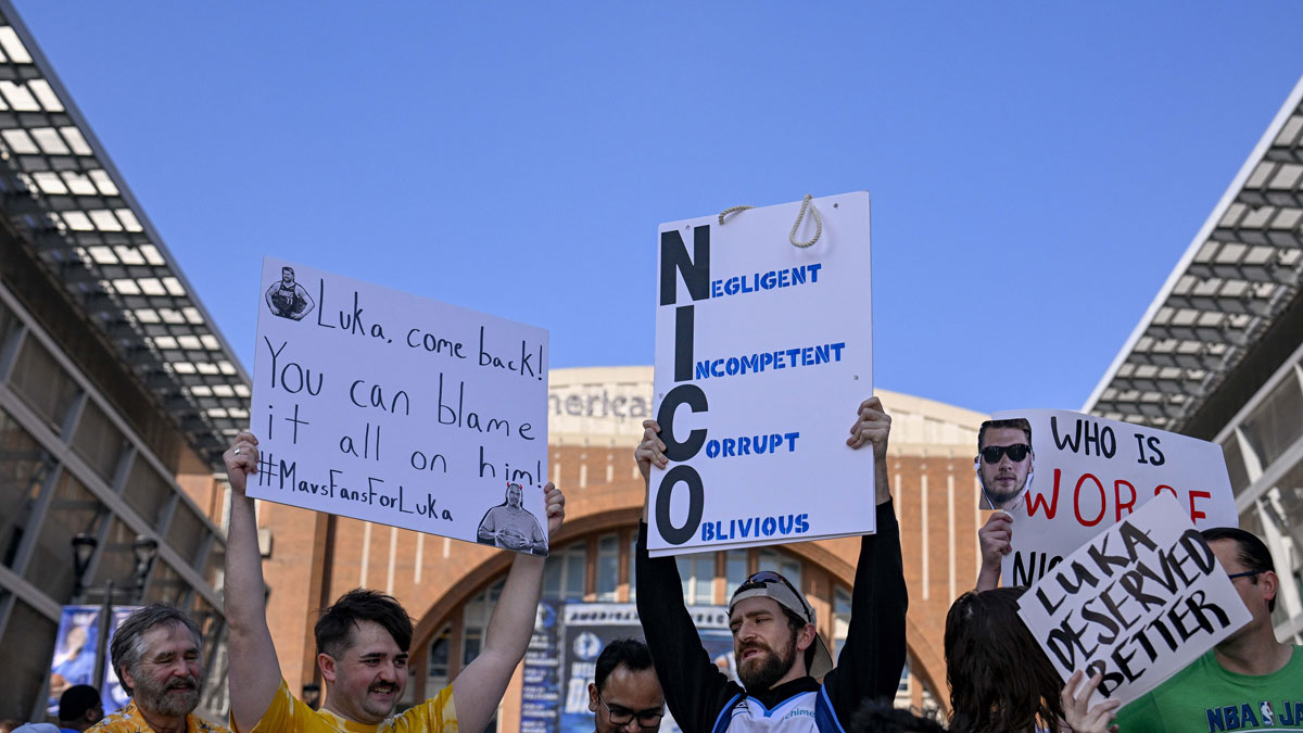 Dallas Mavericks fans gather outside the arena before the game between the Dallas and the Houston Rockets to protest the Nico Harrison trade of former Mavericks point guard Luka Doncic to the Los Angeles Lakers.