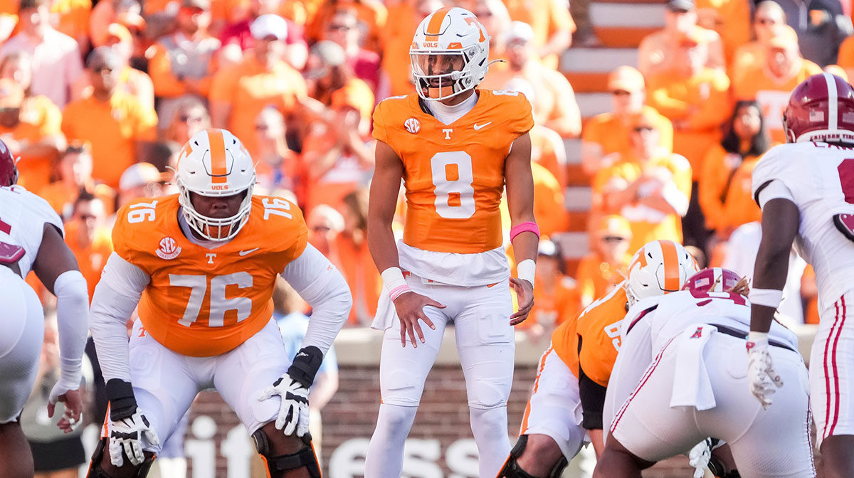 Tennessee quarterback Nico Iamaleava (8) stands at the line of scrimmage before a play agianst Alabama at Neyland Stadium on Saturday, Oct. 19, 2024.