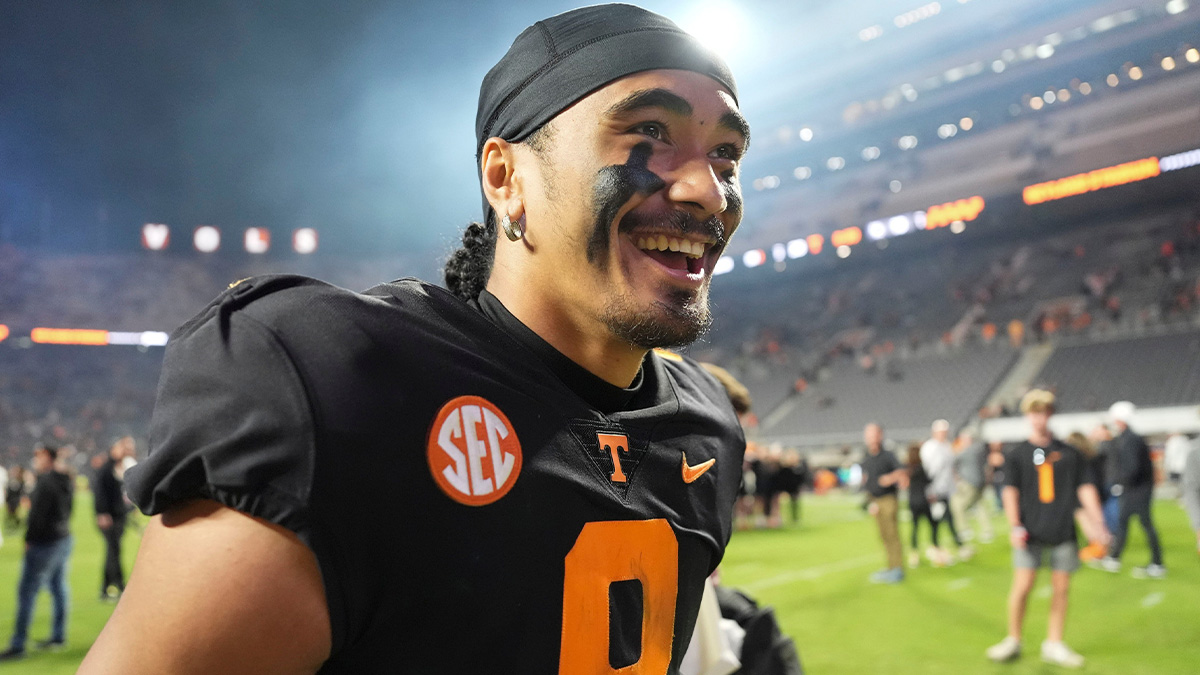 Tennessee quarterback Nico Iamaleava (8) walks off the field after the win over Kentucky after an NCAA college football game on Saturday, Nov. 2, 2024, in Knoxville, Tenn.