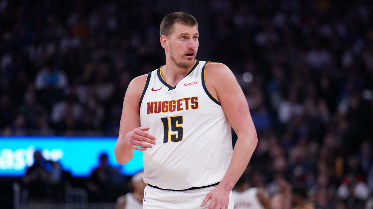 Denver Nuggets center Nikola Jokic (15) takes a breather during the game against the Golden State Warriors in the third period at Chase Center.