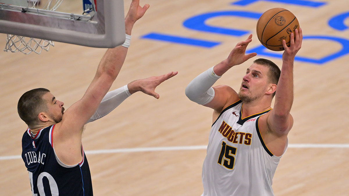 Los Angeles Clippers center Ivica Zubac (40) defends Denver Nuggets center Nikola Jokic (15) in the second half of game four of round one of the 2024 NBA Playoffs at Intuit Dome.