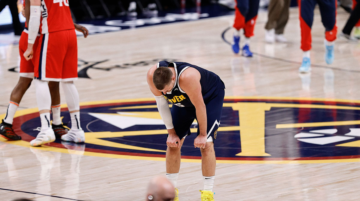 Denver Nuggets center Nikola Jokic (15) reacts after the game against the Los Angeles Clippers during game two of first round for the 2025 NBA Playoffs at Ball Arena.