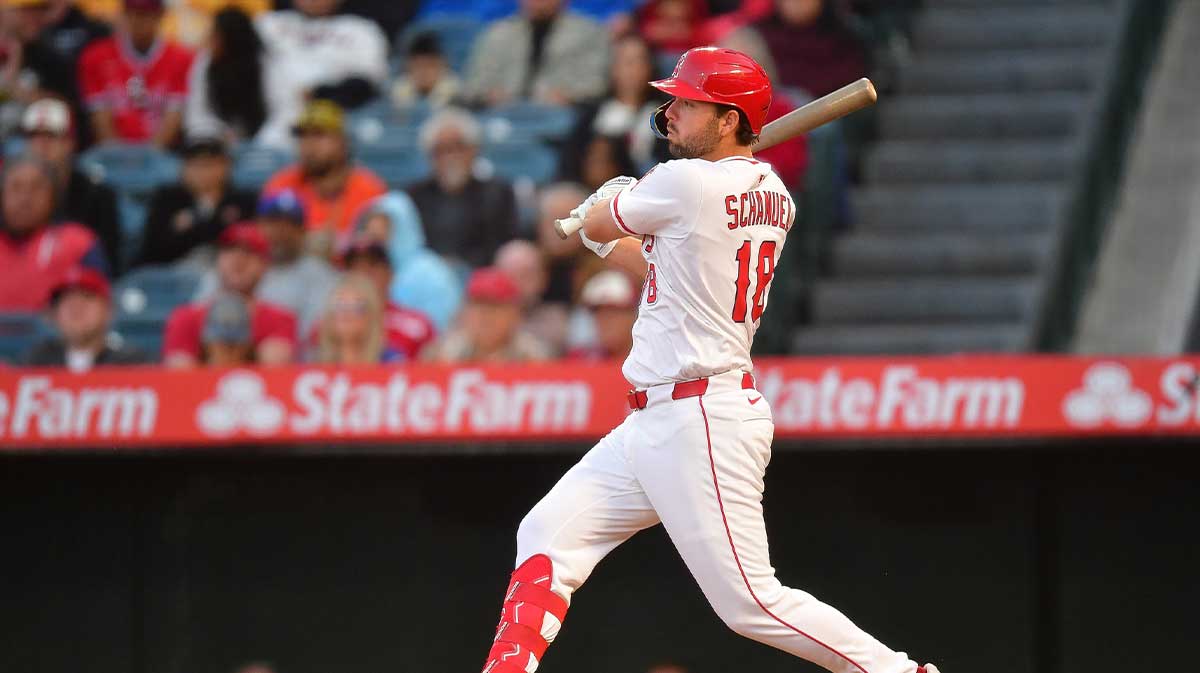 Los Angeles Angels first baseman Nolan Schanuel (18) hits a single against the Pittsburgh Pirates during the second inning at Angel Stadium.