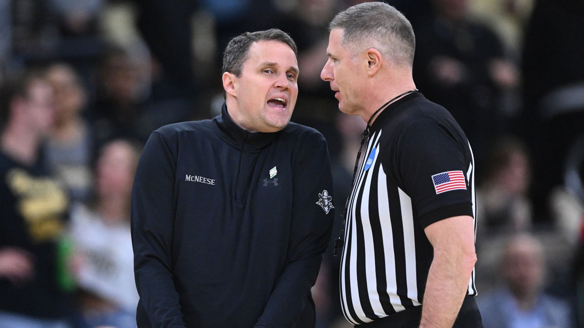 McNeese State Cowboys head coach Will Wade talks to an official during the second half of a second round men’s NCAA Tournament game against the Purdue Boilermakers at Amica Mutual Pavilion.