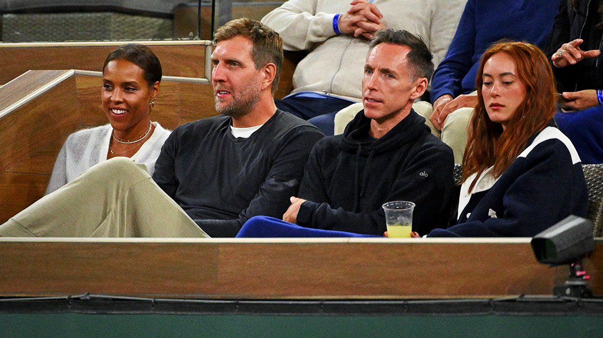 Former NBA players Dirk Nowitzki and Steve Nash attend the match between Tallon Griekspoor (NED) and Carlos Alcaraz (ESP) at the BNP Paribas Open at the Indian Wells Tennis Garden