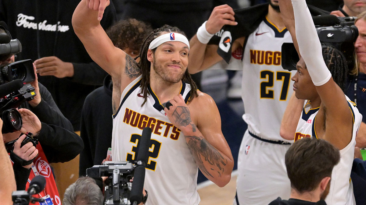Denver Nuggets forward Aaron Gordon (32) celebrates after the game winning dunk to defeat the Los Angeles Clippers 101-99 in game four of round one of the 2024 NBA Playoffs at Intuit Dome.