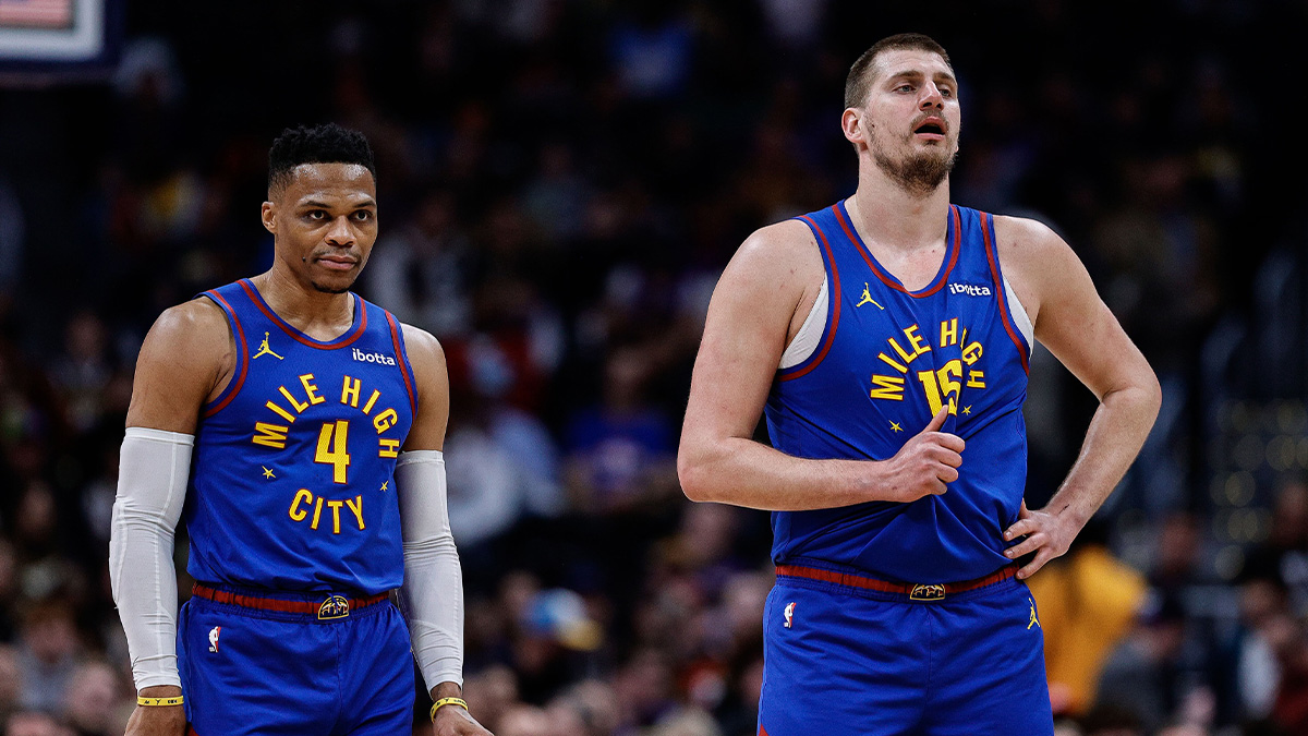 uggets guard Russell Westbrook (4) and center Nikola Jokic (15) in the first quarter against the Sacramento Kings at Ball Arena