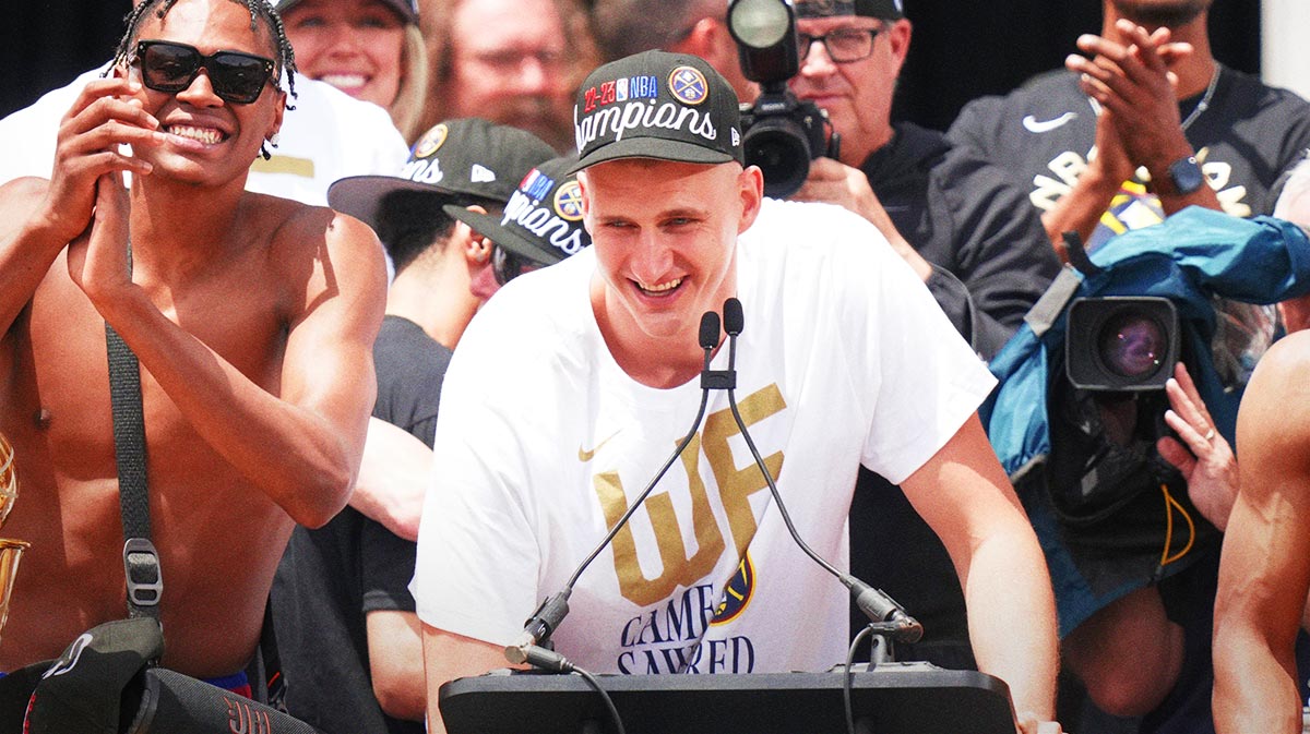 Denver Nuggets center Nikola Jokic (15) speaks during the championship parade after the Denver Nuggets won the 2023 NBA Finals.