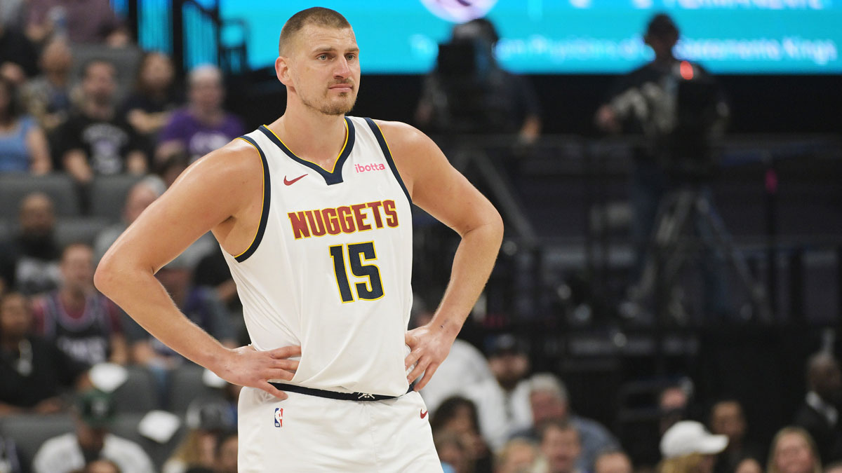 Denver Nuggets center Nikola Jokic (15) looks on during a free throw in the first quarter of the game against the Sacramento Kings at Golden 1 Center.
