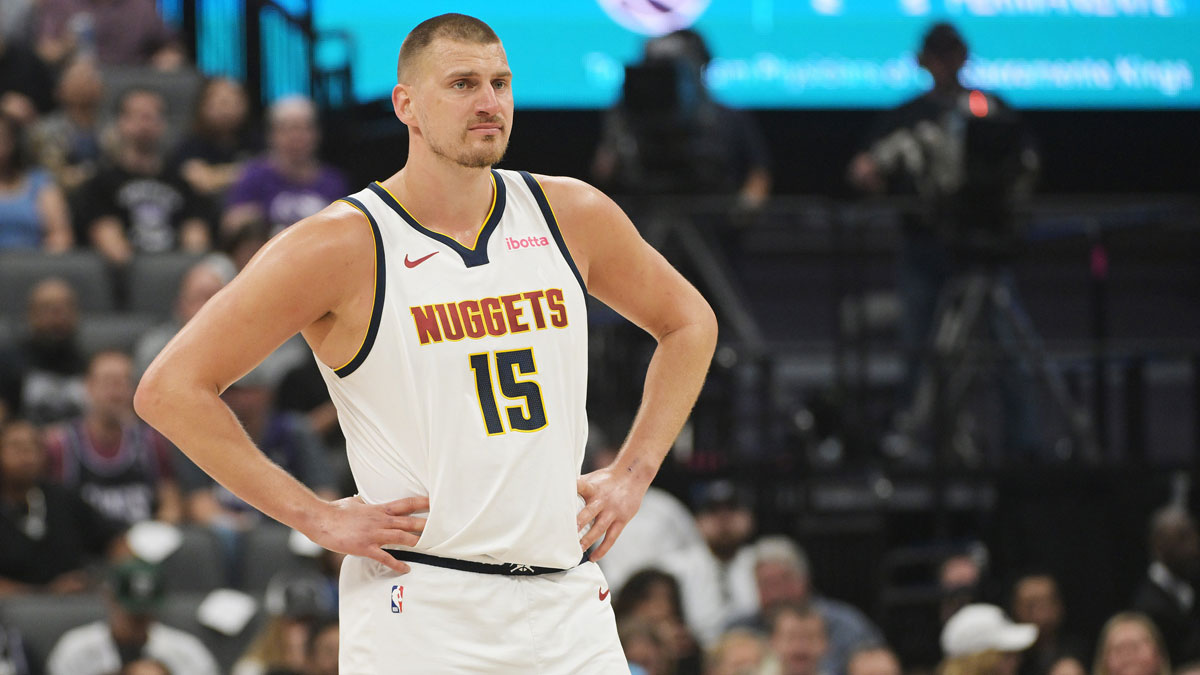Denver Nuggets center Nikola Jokic (15) looks on during a free throw in the first quarter of the game against the Sacramento Kings at Golden 1 Center.