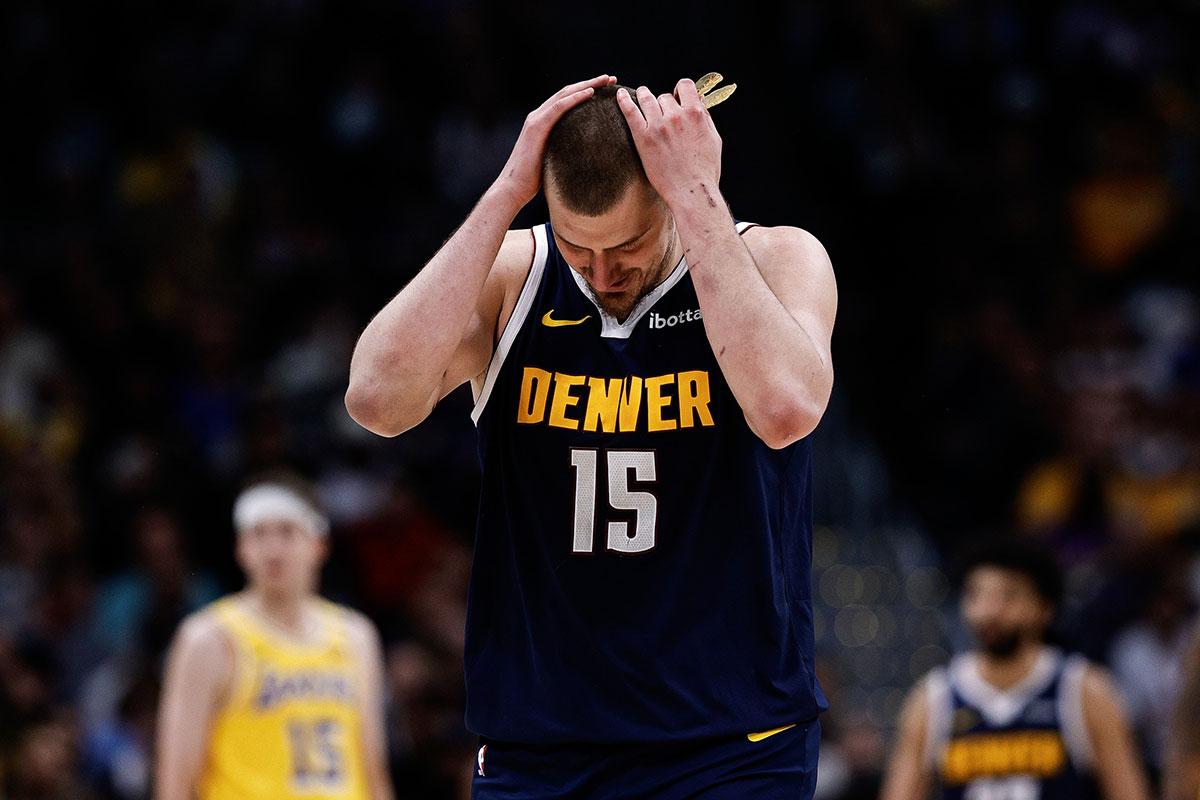 Denver Nuggets center Nikola Jokic (15) in the fourth quarter against the Los Angeles Lakers at Ball Arena.