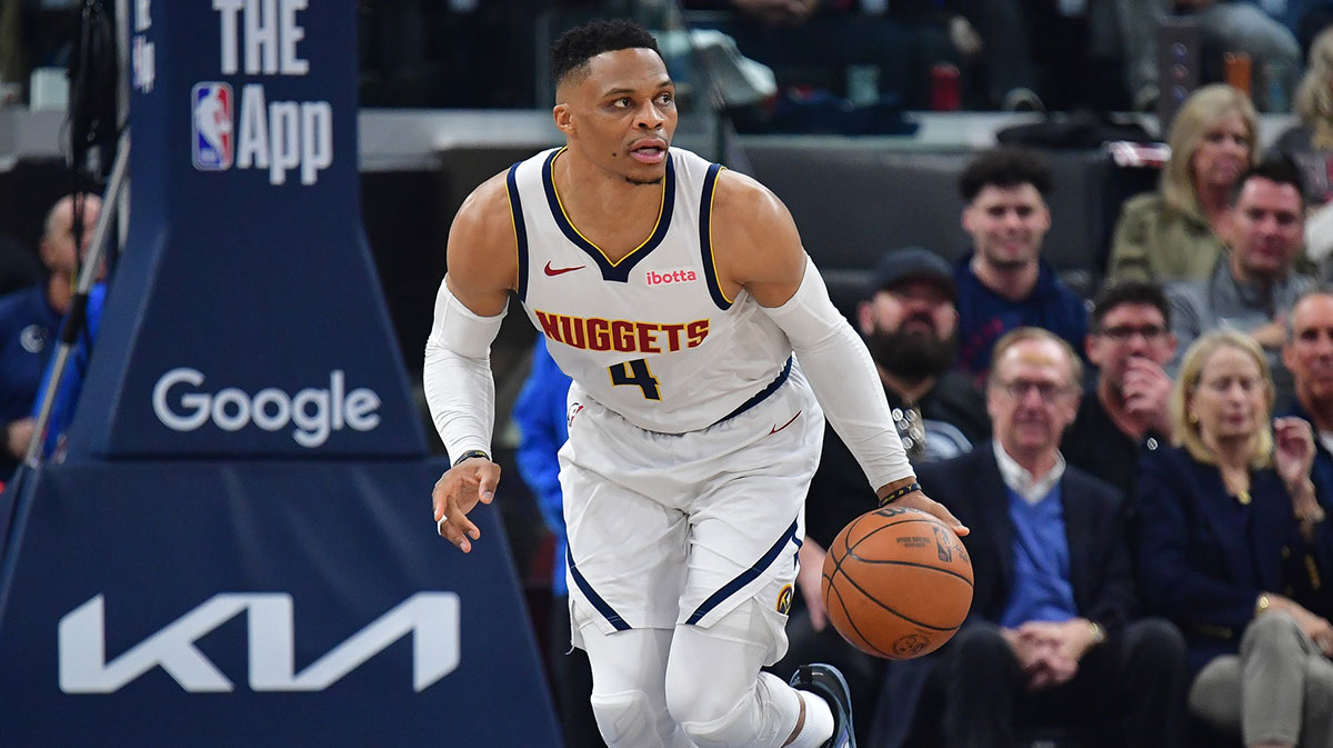 Denver Nuggets guard Russell Westbrook (4) moves the ball up court against the Los Angeles Clippers during the first half of game three in the first round for the 2024 NBA Playoffs at Intuit Dome.