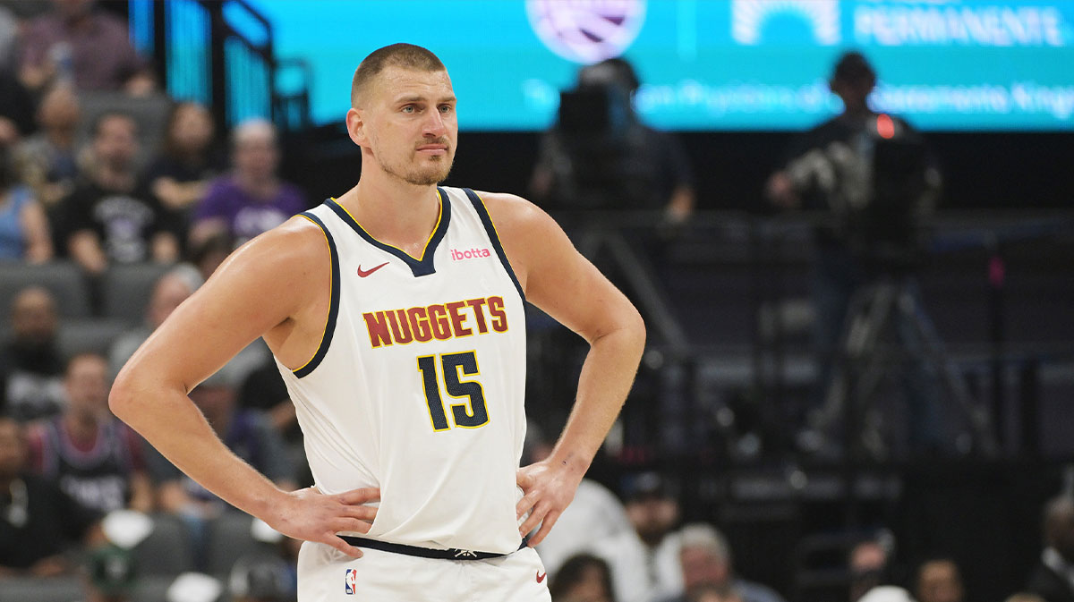 Denver Nuggets center Nikola Jokic (15) looks on during a free throw in the first quarter of the game against the Sacramento Kings at Golden 1 Center.