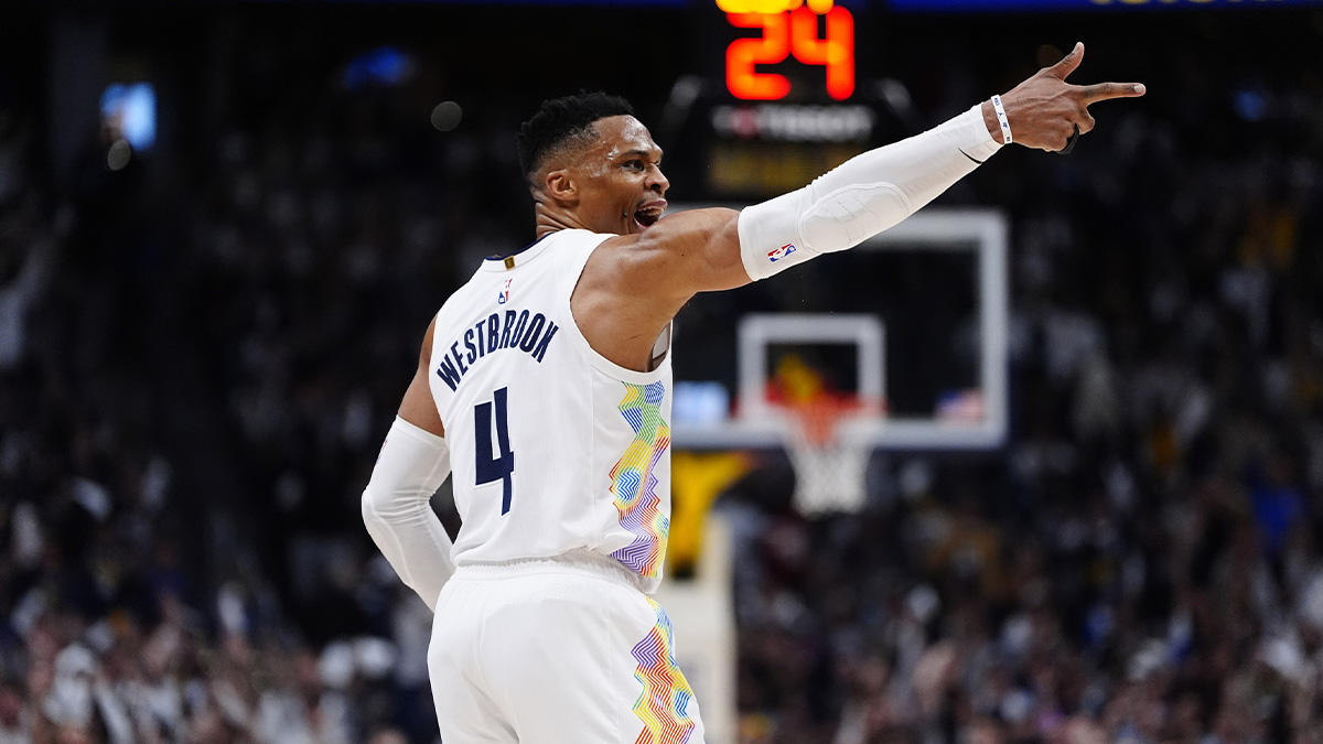Nuggets guard Russell Westbrook (4) celebrates a three