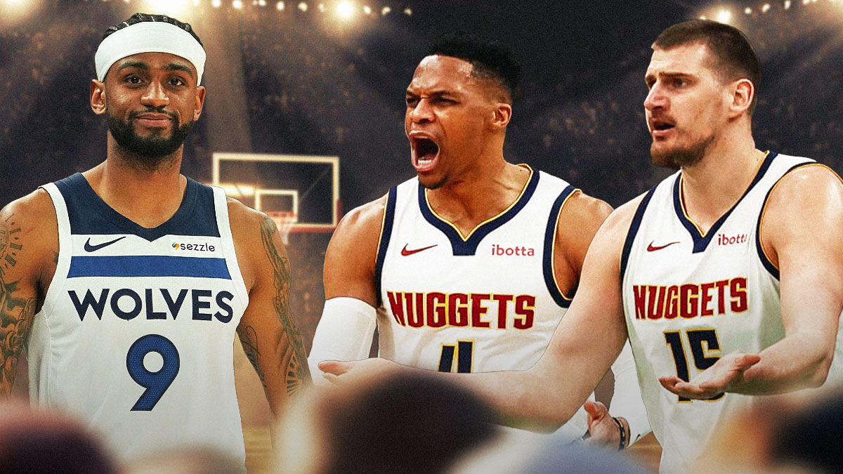Nuggets' Russell Westbrook looking angry, Nikola Jokic looking sad, and Timberwolves' Nickeil-Alexander Walker laughing