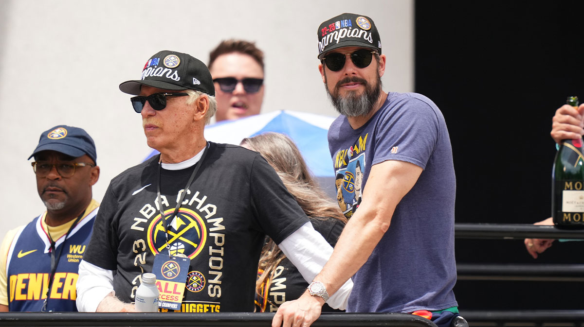 Denver Nuggets owner Stan Kroenke (left) and president Josh Kroenke (right) during the championship parade after the Denver Nuggets won the 2023 NBA Finals.