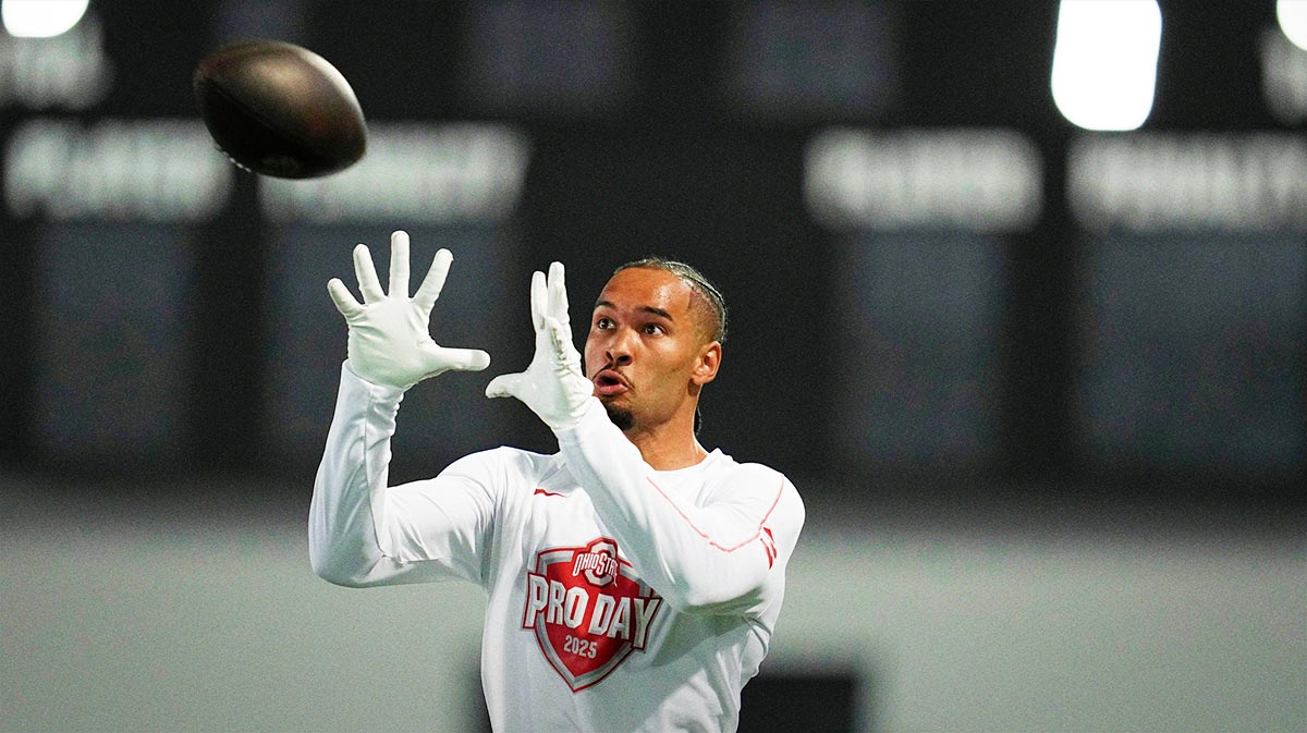 Ohio State Buckeyes wide receiver Emeka Egbuka catches a pass during the pro day for NFL scouts at the Woody Hayes Athletic Center on March 26, 2025.
