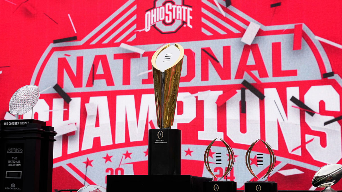 The championship trophies sit on the stage during the Ohio State Buckeyes College Football Playoff National Championship celebration at Ohio Stadium in Columbus on Jan. 26, 2025.