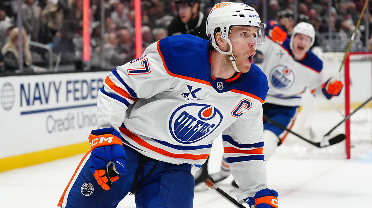 Edmonton Oilers center Connor McDavid (97) celebrates after a goal in the third period of game one of the first round of the 2025 Stanley Cup Playoffs against the LA Kings at Crypto.com Arena.