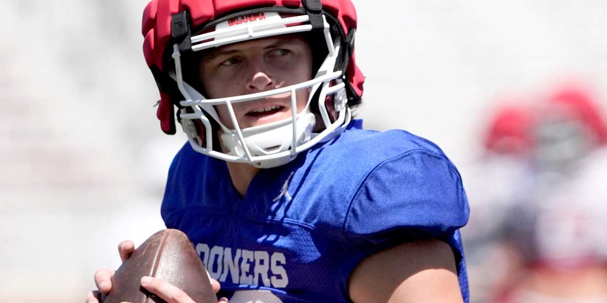 Oklahoma's John Mateer looks to throw a pass during the University of Oklahoma Sooners Crimson Combine at Gaylord Family - Oklahoma Memorial Stadium in Norman, Okla., Saturday, April, 12, 2025.