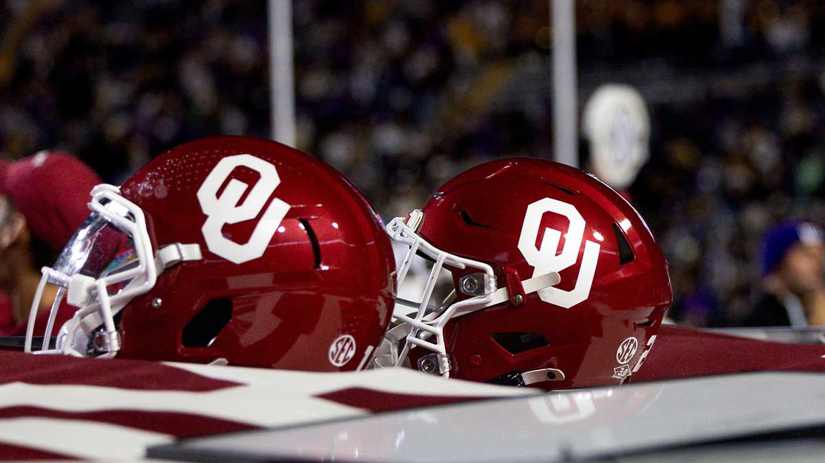 Detailed view of the Oklahoma Sooners helmets on a time out against the LSU Tigers during the second quarter at Tiger Stadium.