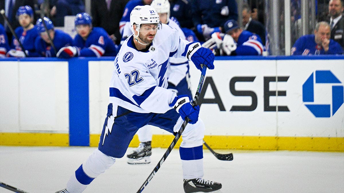 Tampa Bay Lightning right wing Oliver Bjorkstrand (22) attempts a shot against the New York Rangers during the third period at Madison Square Garden.