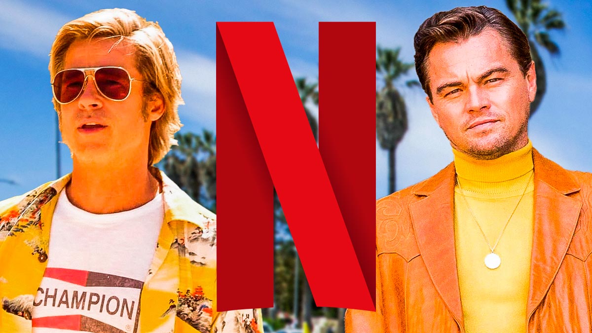 Once Upon a Time in Hollywood sequel star Brad Pitt as Cliff Booth next to Leonardo DiCaprio as Rick Dalton with Netflix logo in between them.