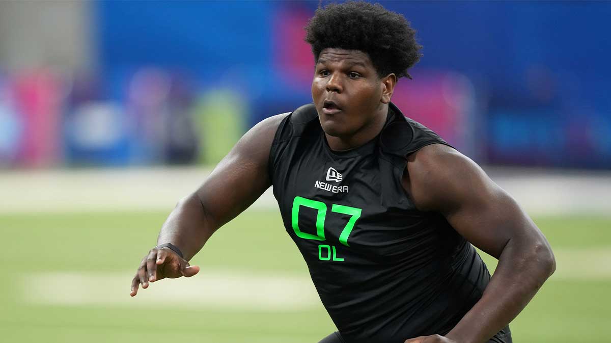 Oregon offensive lineman Josh Conerly (OL07) during the 2025 NFL Combine at Lucas Oil Stadium.