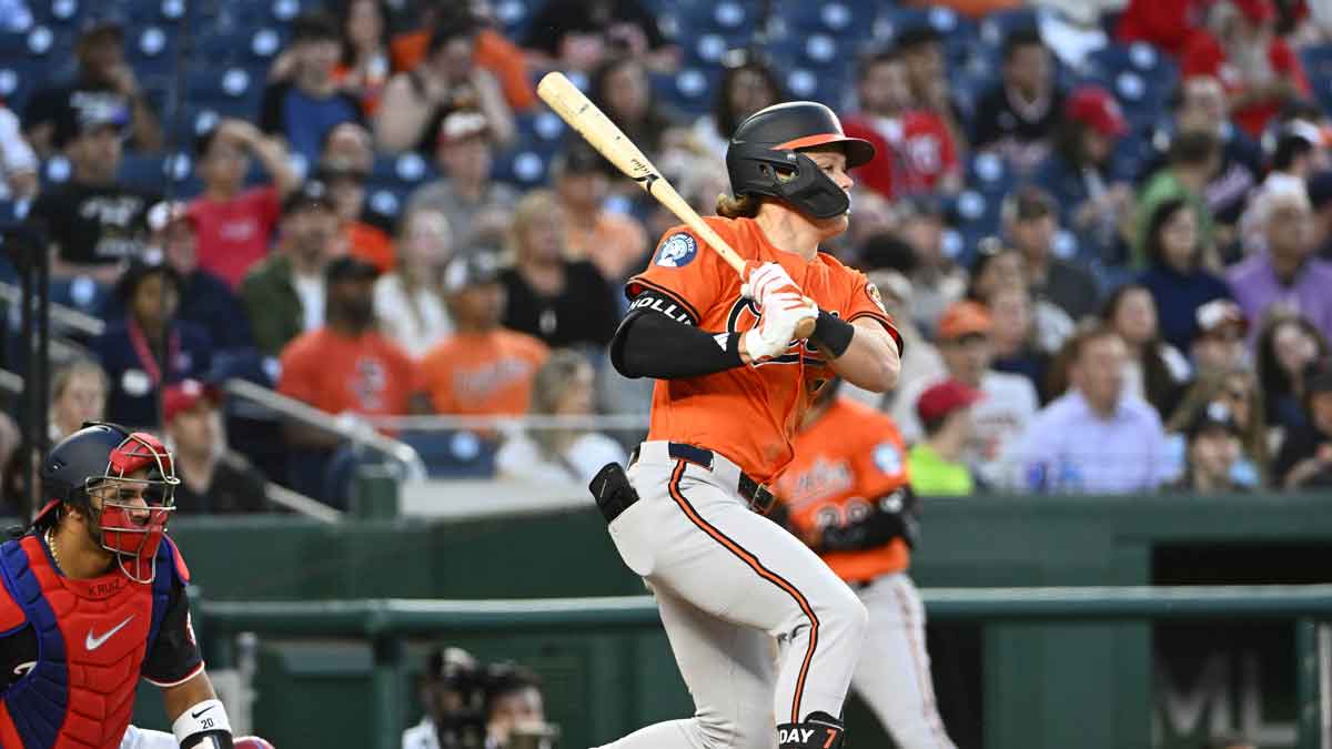 Baltimore Orioles second base Jackson Holliday (7) singles against the Washington Nationals during the fourth inning at Nationals Park.