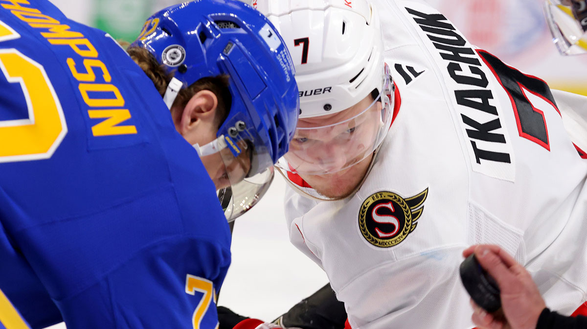Buffalo Sabres center Tage Thompson (72) and Ottawa Senators left wing Brady Tkachuk (7) wait for the face-off during the third period at KeyBank Center.