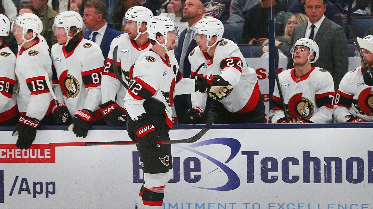 Ottawa Senators defenseman Thomas Chabot (72) celebrates his goal against the Columbus Blue Jackets during the third period at Nationwide Arena.