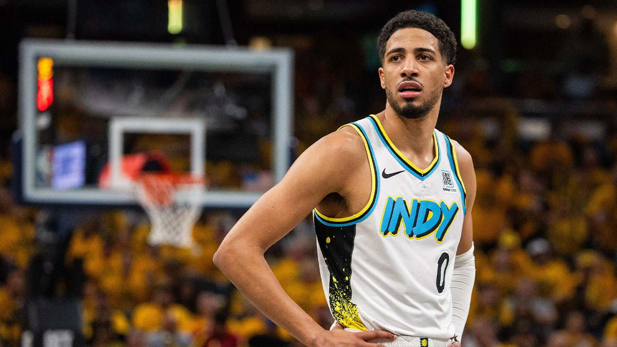 Pacers guard Tyrese Haliburton (0) during game five of the first round for the 2024 NBA Playoffs against the Milwaukee Bucks at Gainbridge Fieldhouse