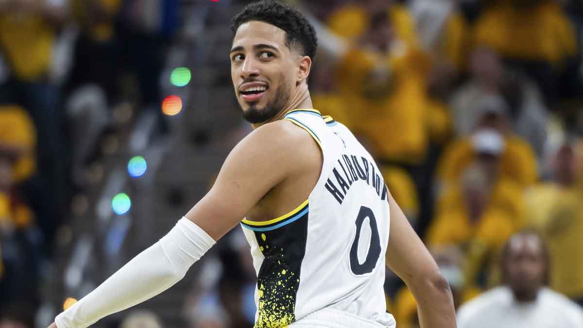 Indiana Pacers guard Tyrese Haliburton (0) celebrates a made basket in the second half against the Milwaukee Bucks at Gainbridge Fieldhouse.