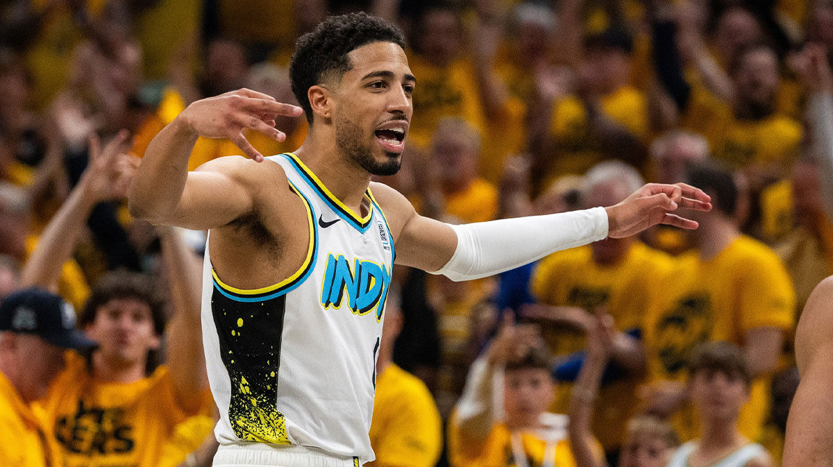Indiana Pacers guard Tyrese Haliburton (0) celebrates a made basket during game five of the first round for the 2024 NBA Playoffs against the Milwaukee Bucks at Gainbridge Fieldhouse.