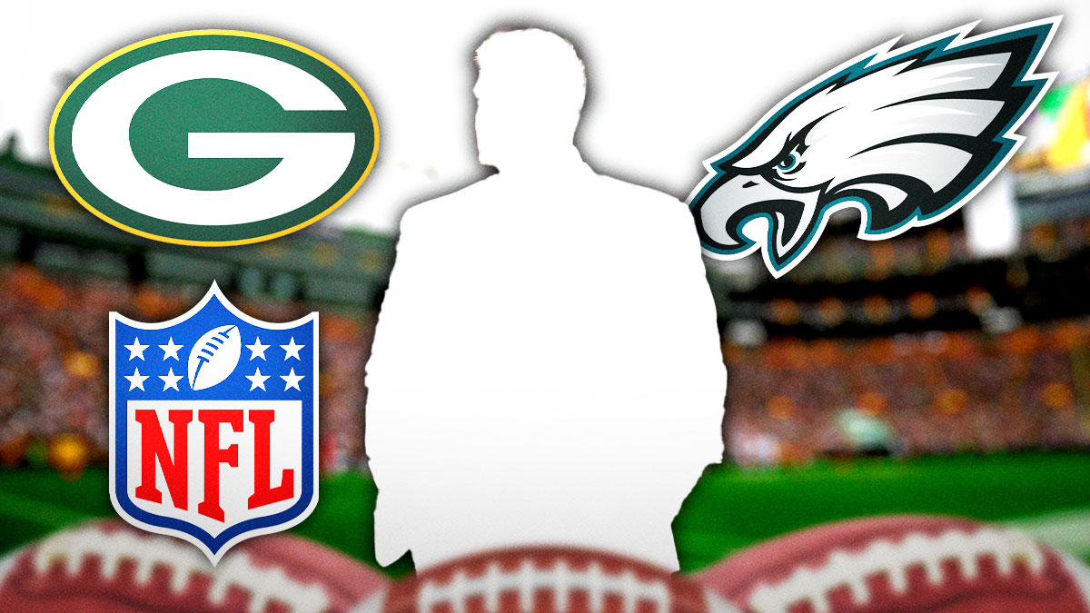 A silhouette of a man with a big question mark emoji inside. The silhouette has a speech bubble with the three dots emoji inside. There are also logos for the Green Bay Packers, Philadelphia Eagles, and the NFL.